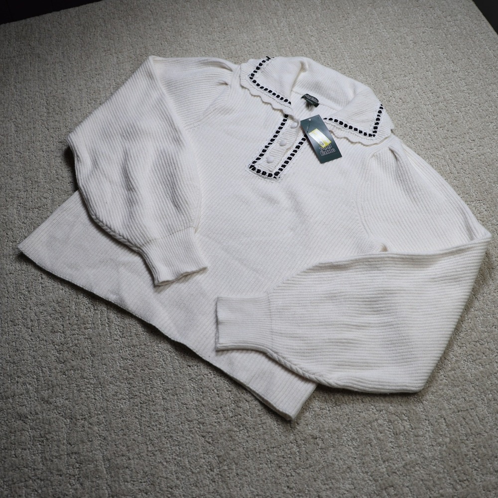 Wild Fable Off White Ribbed Knit Polo Sweater Lace Trim Puff Sleeve Small NWT